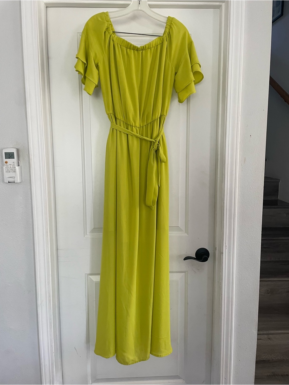 New York & Company Lime Off-Shoulder Maxi Dress with Tie Waist